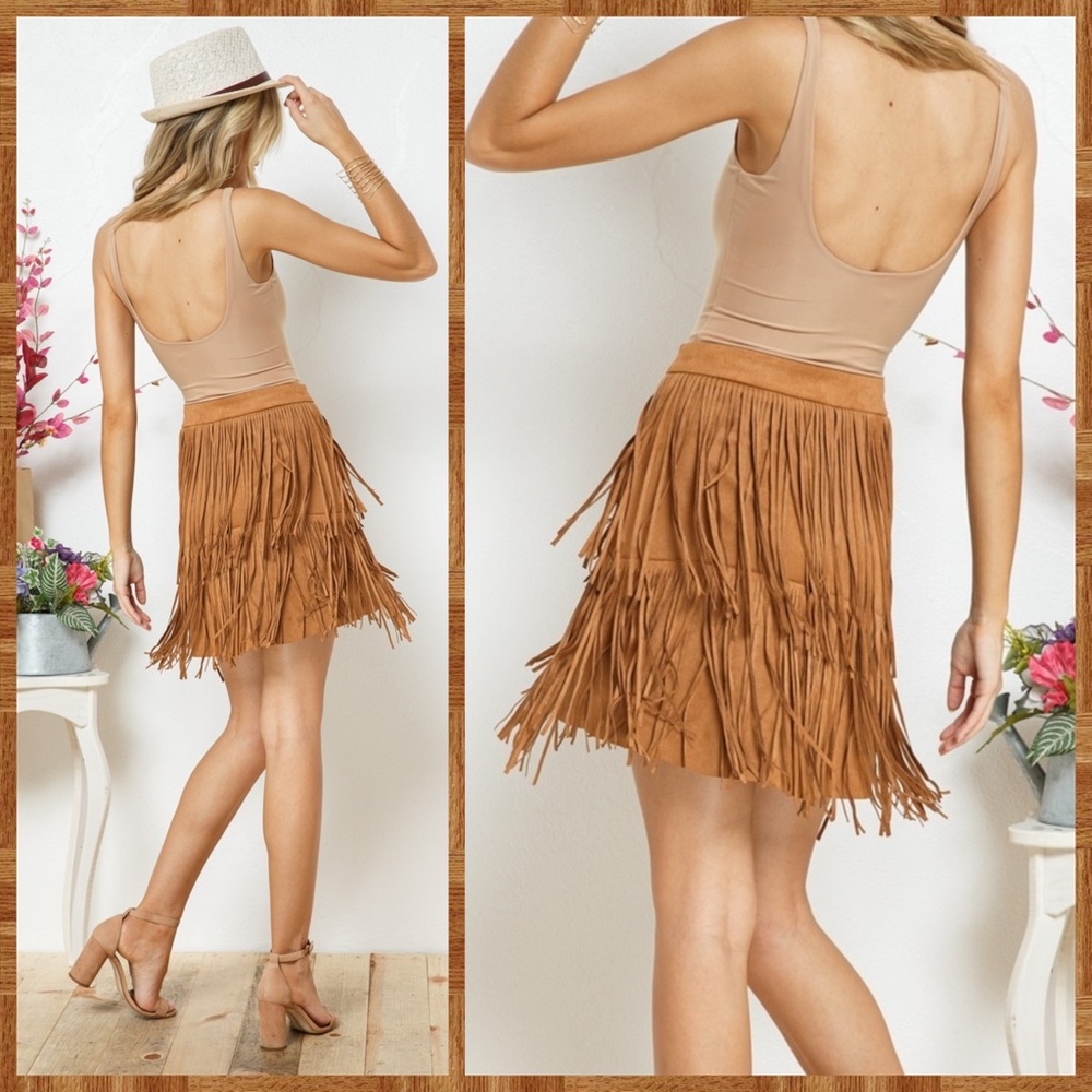 Sexy Faux Suede Mini Skirt Asymmetrical Fringe Details Banded Waistband - Picture 2 of 13